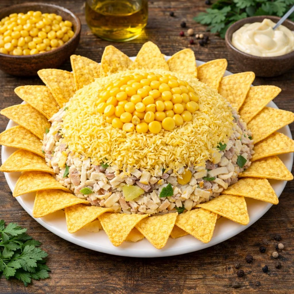 Салат Ромашка с чипсами начос