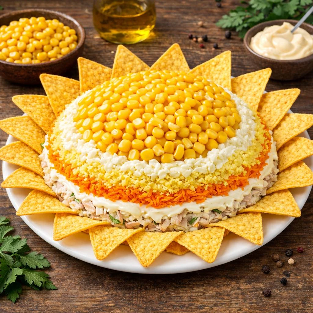 Салат Солнышко с куриной грудкой и чипсами начос