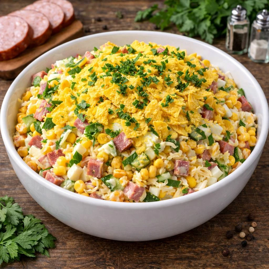 Салат с чипсами начос со вкусом краба и колбасой